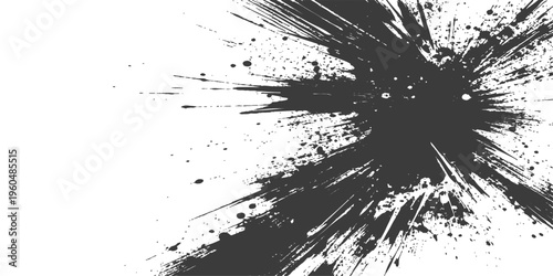 Abstract bold ink explosion bursting from one side. Black splatter effect, conveying dynamic energy and abstract creativity.