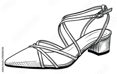 Elegant black and white hand drawn womens heeled shoe with multiple delicate straps and a buckle closure perfect for footwear catalogs advertisements and instructional material