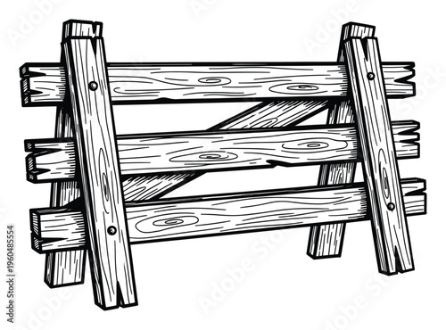 Rustic wooden fence segment with natural wood grain texture and strong construction lines, perfect for agriculture, farm, ranch, or country living themes in print and digital media