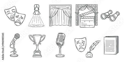 Theater and film line icons with comedy and tragedy masks, stage spotlight, curtain, clapboard, microphones, trophy, and script for performing arts and entertainment projects.