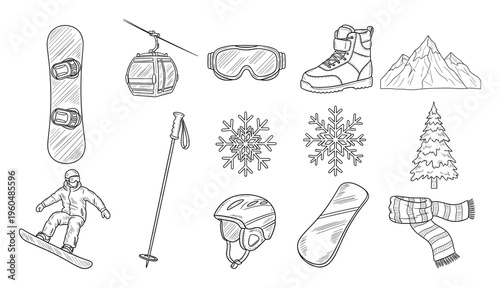Comprehensive collection of handdrawn winter sports gear and elements including snowboards, boots, goggles, ski lift, and mountains, perfect for cold weather activity guides and resort