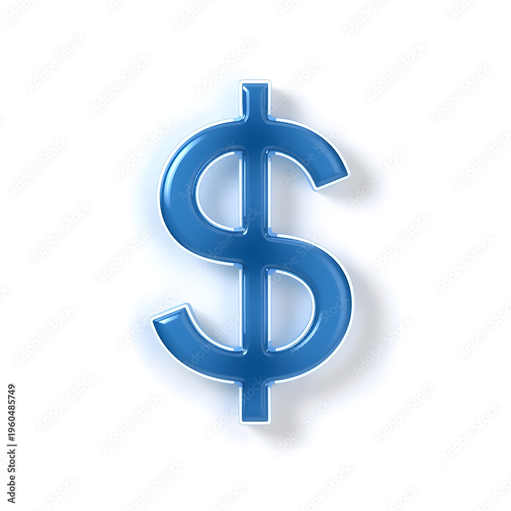 Obraz premium Neon dollar symbol 3D object on white plain background, glowing currency sign with smooth modern lines and futuristic style