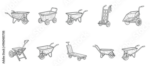 Collection of diverse handdrawn black and white line illustrations featuring various types of carts, wheelbarrows, and dollies, perfect for graphic projects, transportation themes, and DIY
