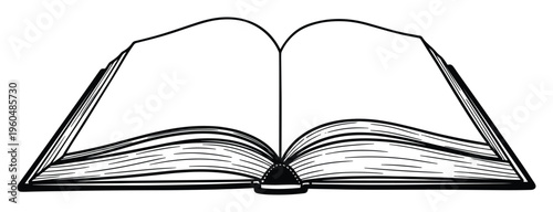 An open book with blank pages showing its binding and curved paper is ready for text or visuals, ideal for education, literature, learning, or storytelling themes.