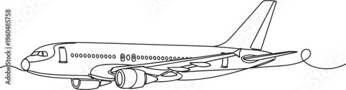 A black and white drawing of a commercial airplane