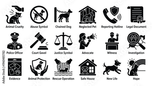 A collection of animal rights and pet protection glyph icons illustrating legal action, advocacy, and rescue operations for animal welfare awareness and educational resources
