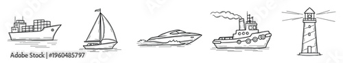 A comprehensive collection of watercraft including a large cargo vessel, a classic sailboat, a sleek speed boat, a sturdy tugboat, and an illuminating lighthouse, ideal for showcasing