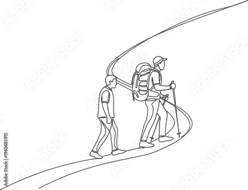 Two hikers walking on a winding path with trekking poles and backpack