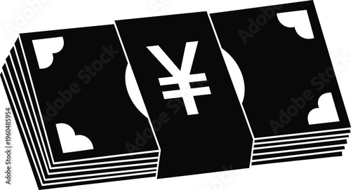 Bundled yen banknote cash stack icon featuring black currency symbol, flat finance illustration isolated on white background vector design clipart