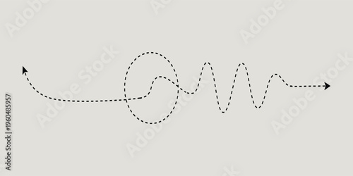 Dashed abstract waveform path with highlighted transition, oscillation and arrows, minimalist monochrome vector concept for signal process or feedback design