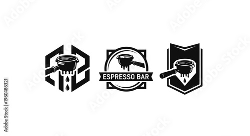Espresso Bar Logos: Portafilter Icons, Coffee Droplets, Geometric & Shield Designs