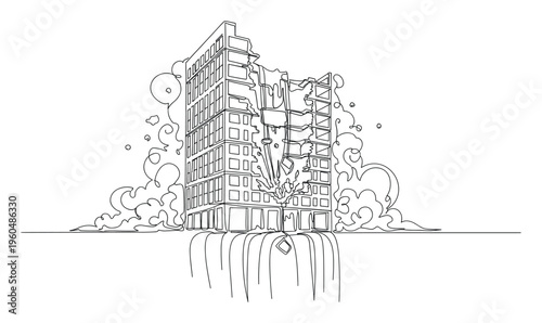 Continuous line drawing of a collapsing building transforming into a powerful waterfall, symbolizing crisis, destruction, or transformation for use in architectural, environmental, or