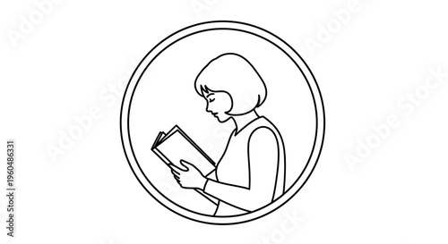 Woman reading book inside circle, simple line art illustration, black and white