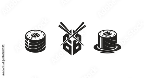 Minimalist Sushi Icon Set: Maki Rolls and Chopsticks Logo