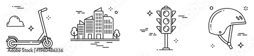 Modern urban transportation and safety iconography for applications, presentations, and infographics demonstrating city living with personal mobility and protective gear.