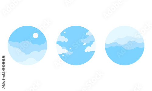 天気のシンボルのアイコンセット/晴れ・雲・曇り/シンプルでフラットな空のイラスト/朝・昼