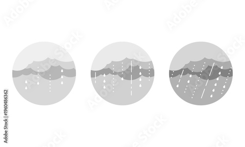 天気のシンボルのアイコンセット/小雨・雨・嵐/シンプルでフラットな空のイラスト/悪天候