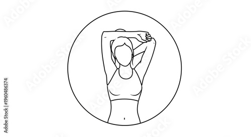 Woman stretching arm behind head, fitness icon, yoga pose, exercise, healthy lifestyle, line art