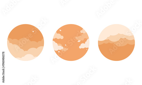 天気のシンボルのアイコンセット/晴れ・雲・曇り/シンプルでフラットな空のイラスト/夕方