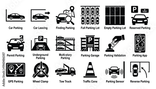 Essential black and white vector icons representing diverse vehicle parking operations and services, useful for transportation apps, smart city interfaces, and informational signage.