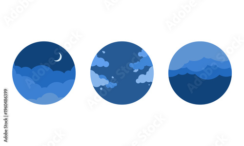 天気のシンボルのアイコンセット/晴れ・雲・曇り/シンプルでフラットな空のイラスト/夜