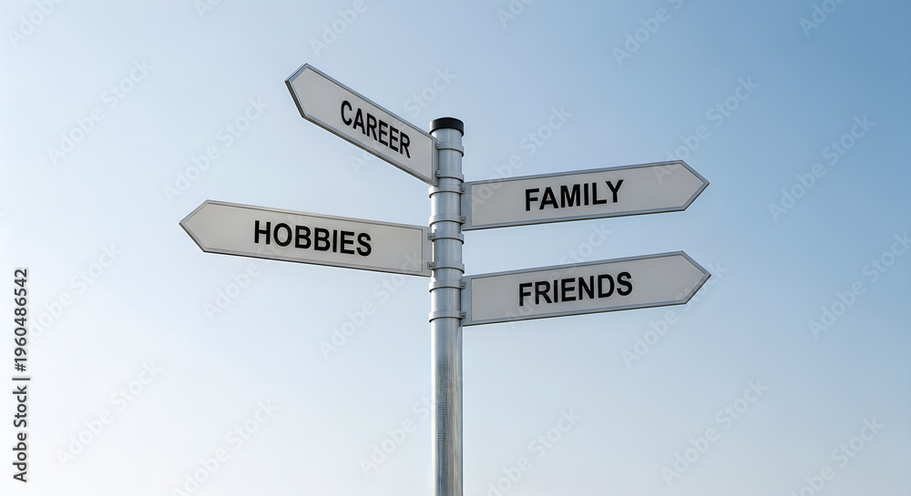 Fototapeta premium Signpost directing towards different aspects of life and personal interests. jpg background