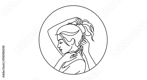 Woman tying her hair into a ponytail with a hair tie, side view, line art illustration