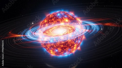 Vibrant swirling galaxy with bright orange and blue rings in space