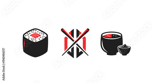 Sushi, Chopsticks, and Tea Icons: Japanese Food and Drink Vector Graphics