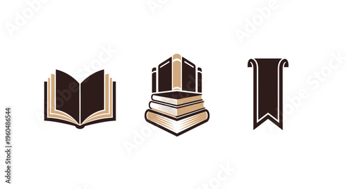 Book Icons Set: Open Book, Stacked Books, Bookmark - Education, Knowledge, Literature