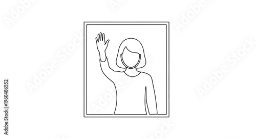 Woman waving hello, simple line art illustration in a square frame, friendly greeting gesture