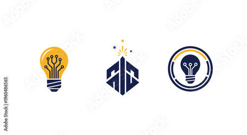Creative Technology Ideas: Lightbulb, Abstract Logo, and Circuit Board Icon