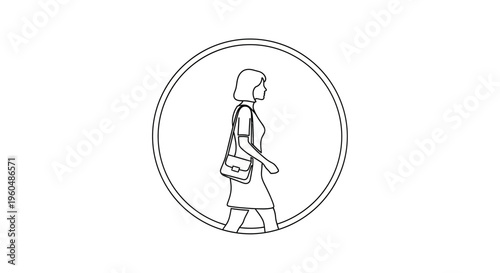 Woman walking with handbag inside a circle, line art, vector illustration