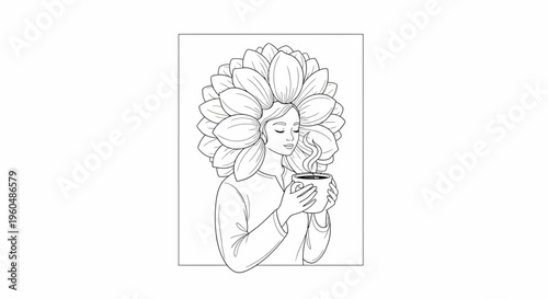 Woman with flower crown enjoying hot beverage, steam rising from cup, serene moment, line art