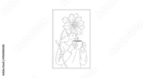 Woman with Flower Crown Holding Coffee Cup, Minimalist Line Art Illustration