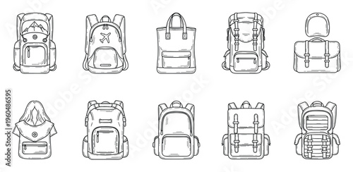 Extensive collection of travel backpacks, outdoor adventure gear, and casual school totes presented in a simple line drawing style perfect for educational resources and commercial