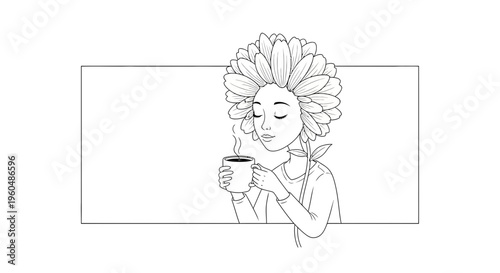 Woman with flower hair enjoying coffee, black and white line art, peaceful morning