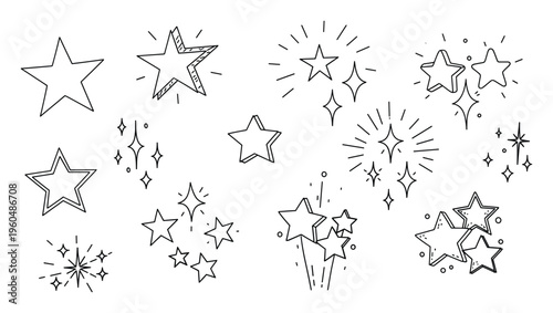 Whimsical hand drawn stars and shimmering sparkle symbols provide a versatile graphic resource for festive events success celebration and award ceremony announcements.