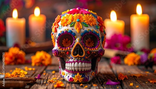 Decorated Sugar Skull with Candles and Flowers for Day of the Dead Celebration.