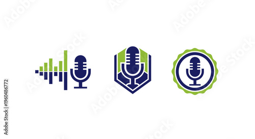 Podcast Microphone Icons: Sound Wave, Hexagon, Circle Badges