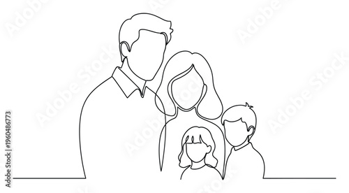 Single continuous line drawing featuring a loving family, including parents, a boy, and a girl, symbolizing unity, support, and shared moments for diverse commercial applications.