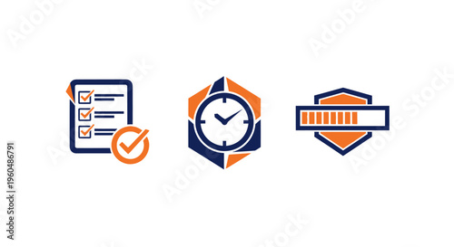 Task management, time tracking, and progress monitoring icons