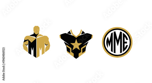 Superhero Logo Collection: Muscular Figure, Chest Plate, and Emblem