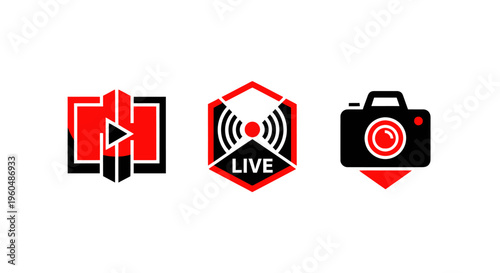Streaming Icons: Play Button, Live Signal, Camera - Vector Graphics