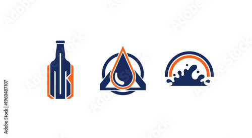 Modern Beverage Icons: Beer Bottle, Water Drop, Splash - Minimalist Design