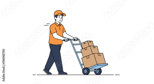 Smiling delivery man wearing orange uniform pushing a blue hand truck loaded with three brown cardboard boxes indoors.