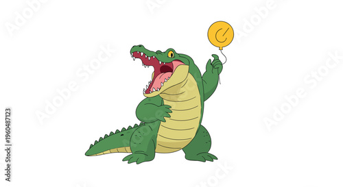 Large green crocodile character standing upright and holding a small yellow balloon with a very happy expression.
