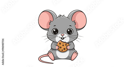 Cute grey mouse sitting and holding a sweet chocolate chip cookie while taking a small bite on white background.