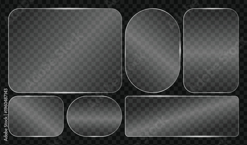 Set of glassmorphism banners, frosted glass plates, transparent geometric shapes with blur effect, realistic glossy frames for ui design, vector illustration