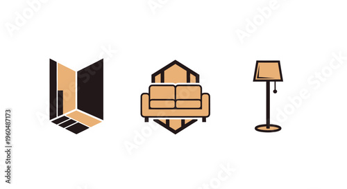 Interior Design Icons: Sofa, Lamp, and Abstract Geometric Shapes